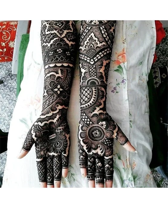 Stunning Overlay Touch Blending Into Front Full Hand Mehndi Design